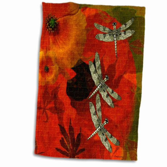3D Rose Poppies and Dragonflies Hand Towel 15" x 22"