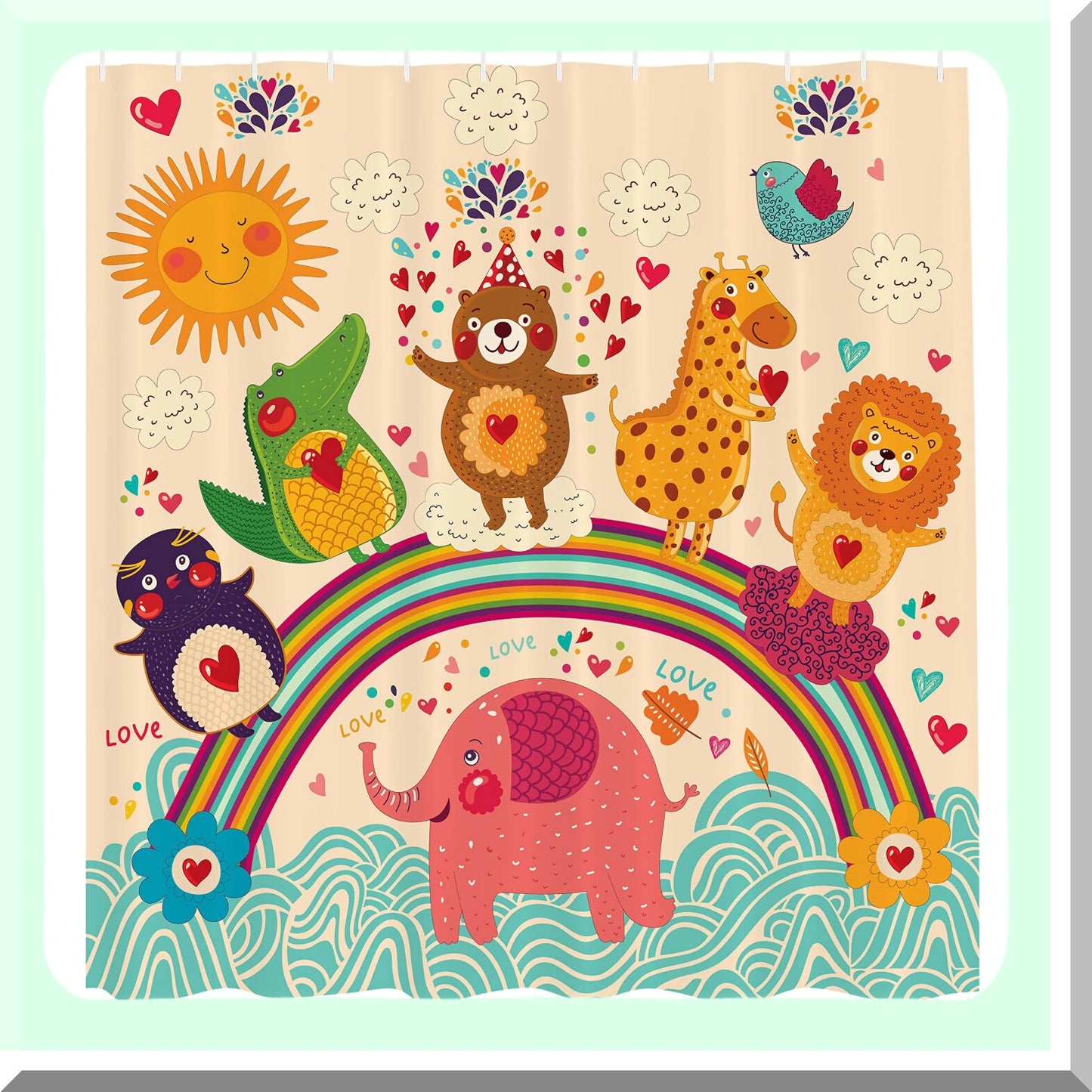 Cartoon Shower Curtain with Animals 69x70 inches