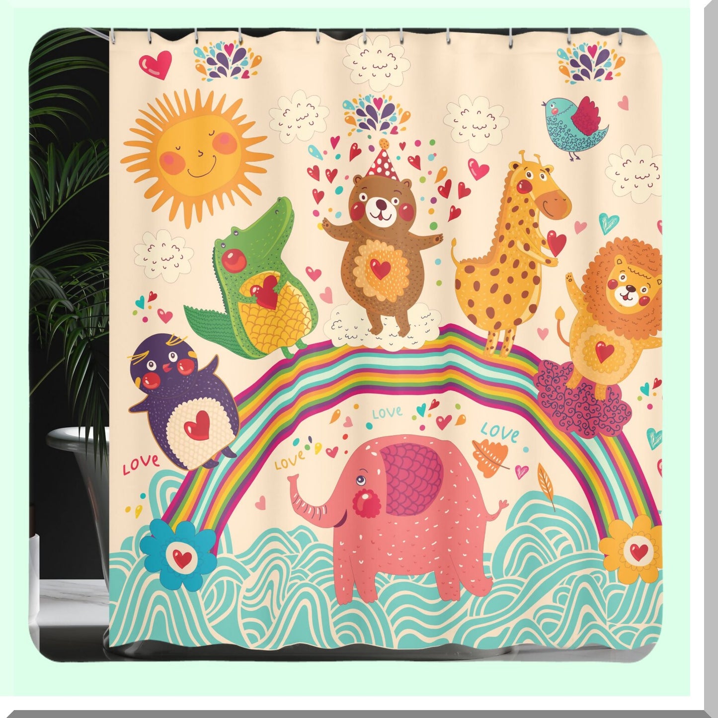 Cartoon Shower Curtain with Animals 69x70 inches