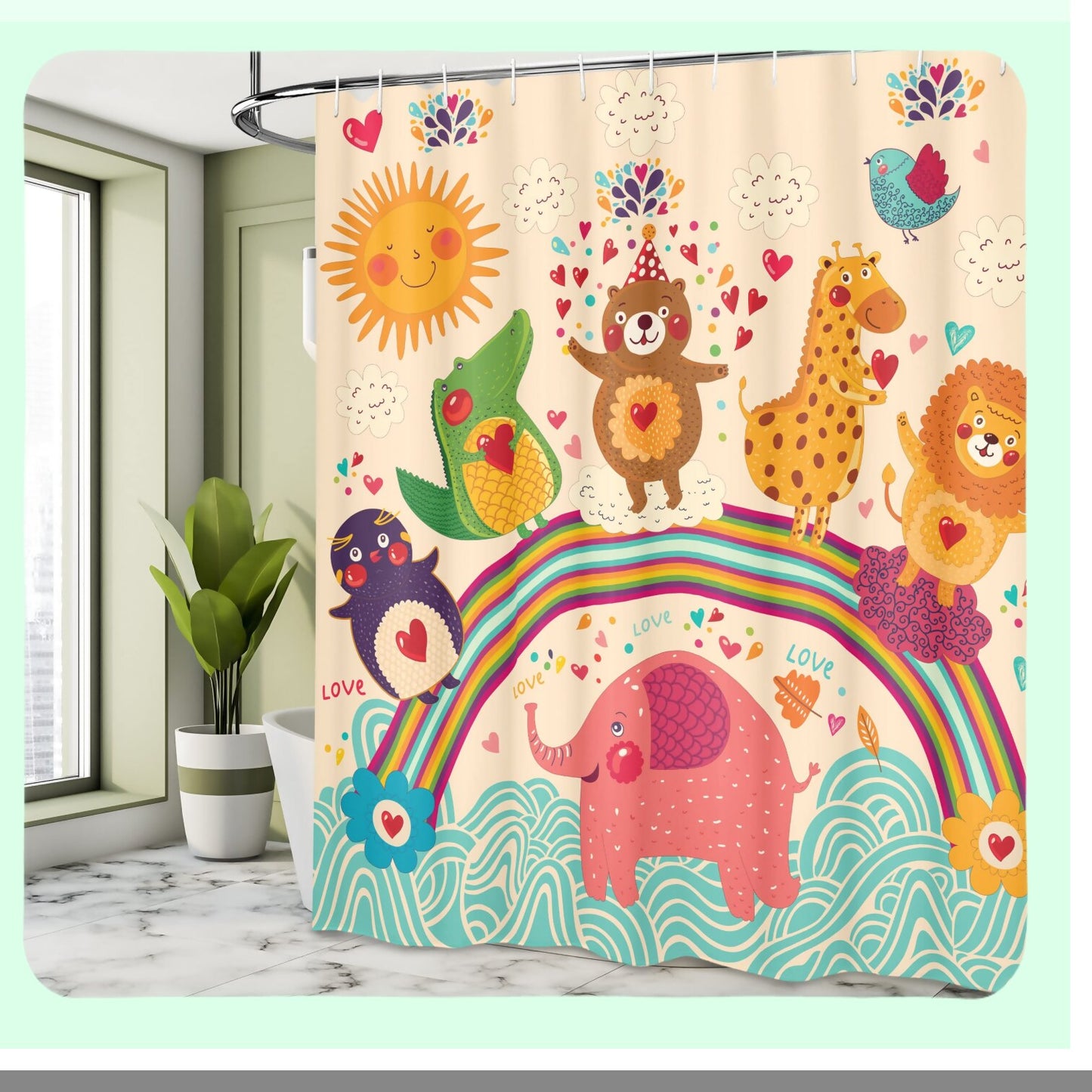 Cartoon Shower Curtain with Animals 69x70 inches