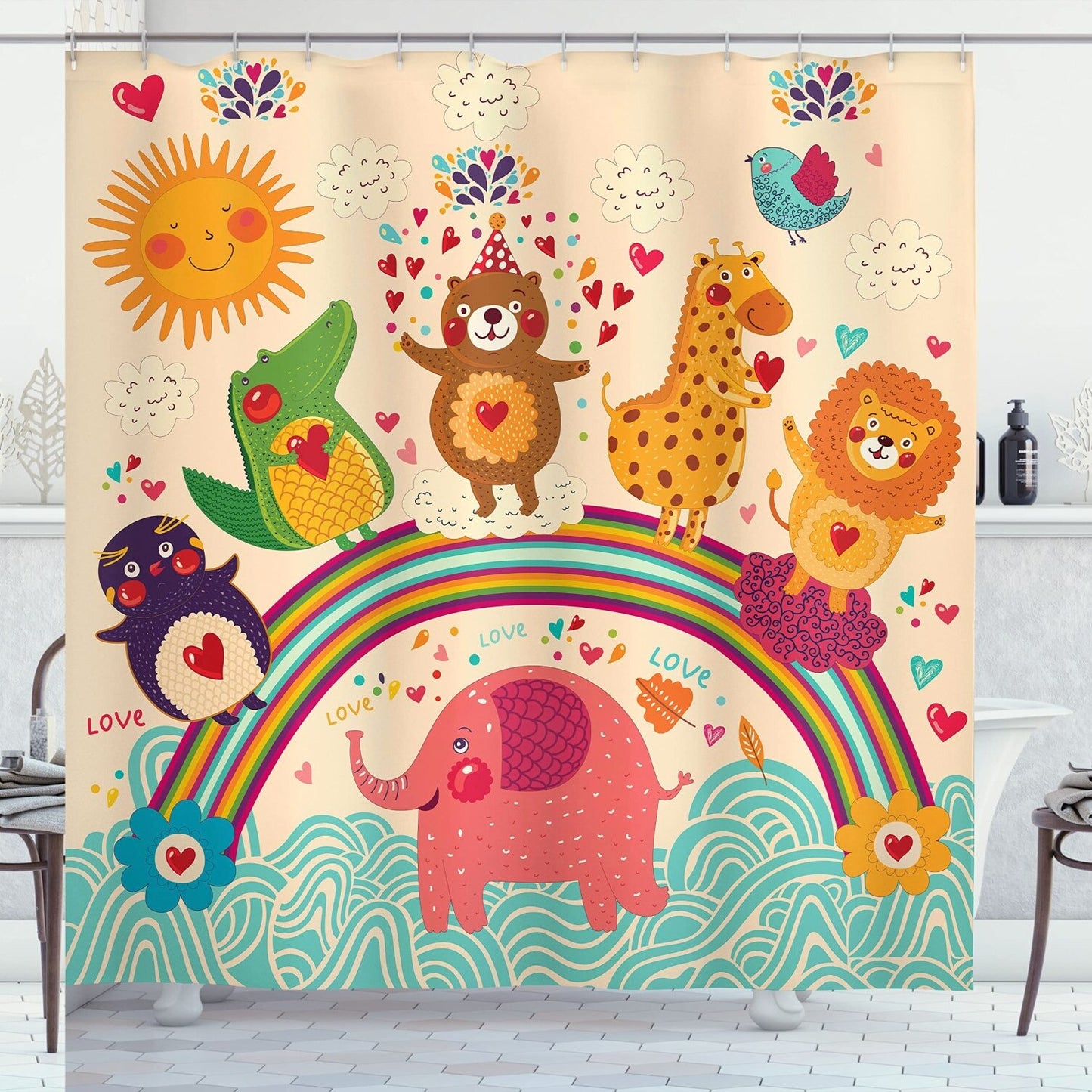 Cartoon Shower Curtain with Animals 69x70 inches