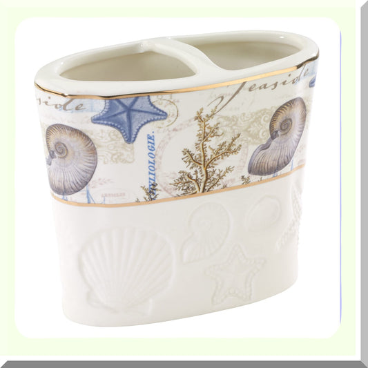 Antigua Ceramic Toothbrush Holder Ivory Gold Border