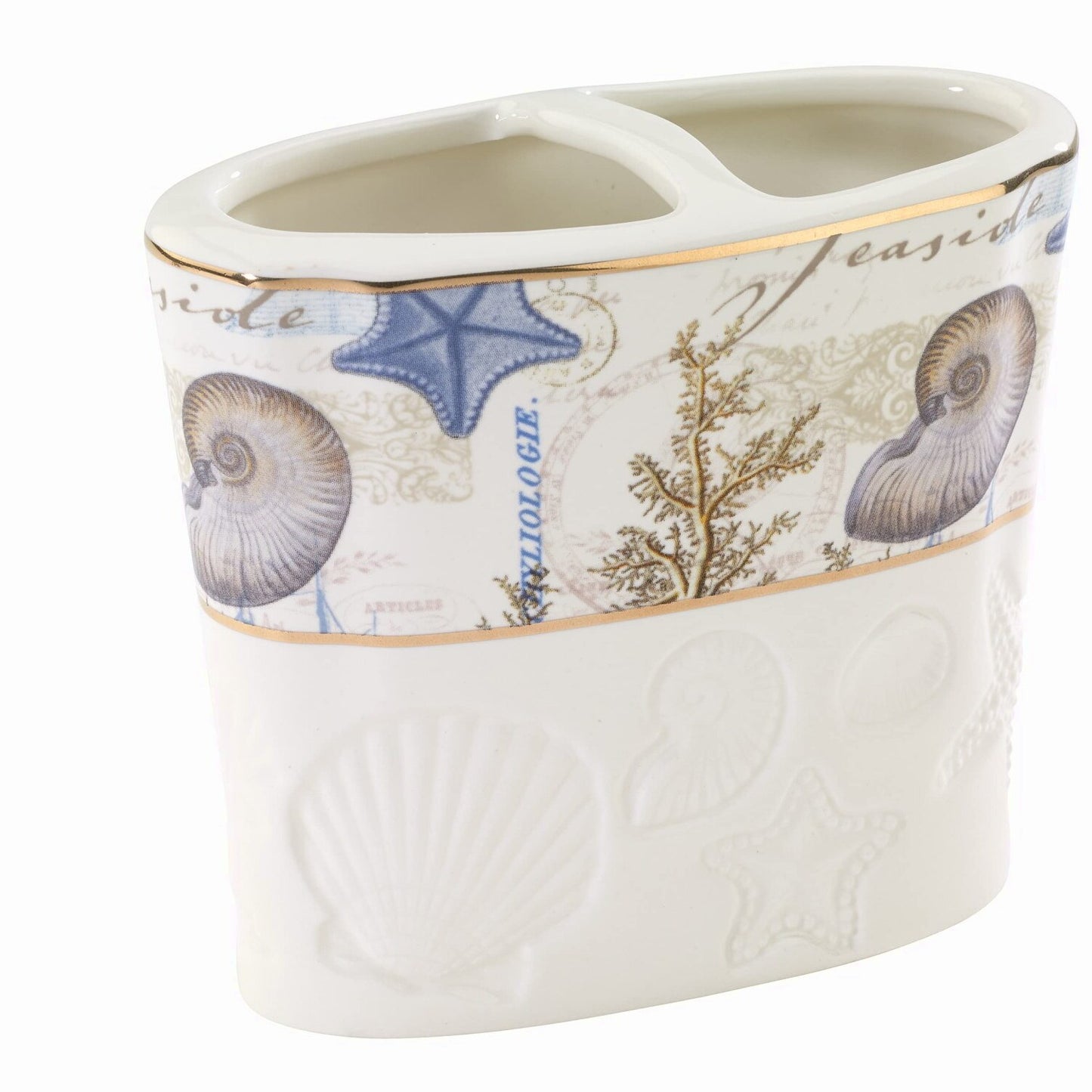 Antigua Ceramic Toothbrush Holder Ivory Gold Border