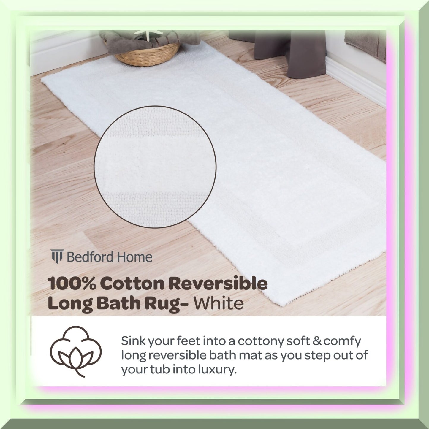 100% Cotton Reversible Long Bath Rug 24x60 White