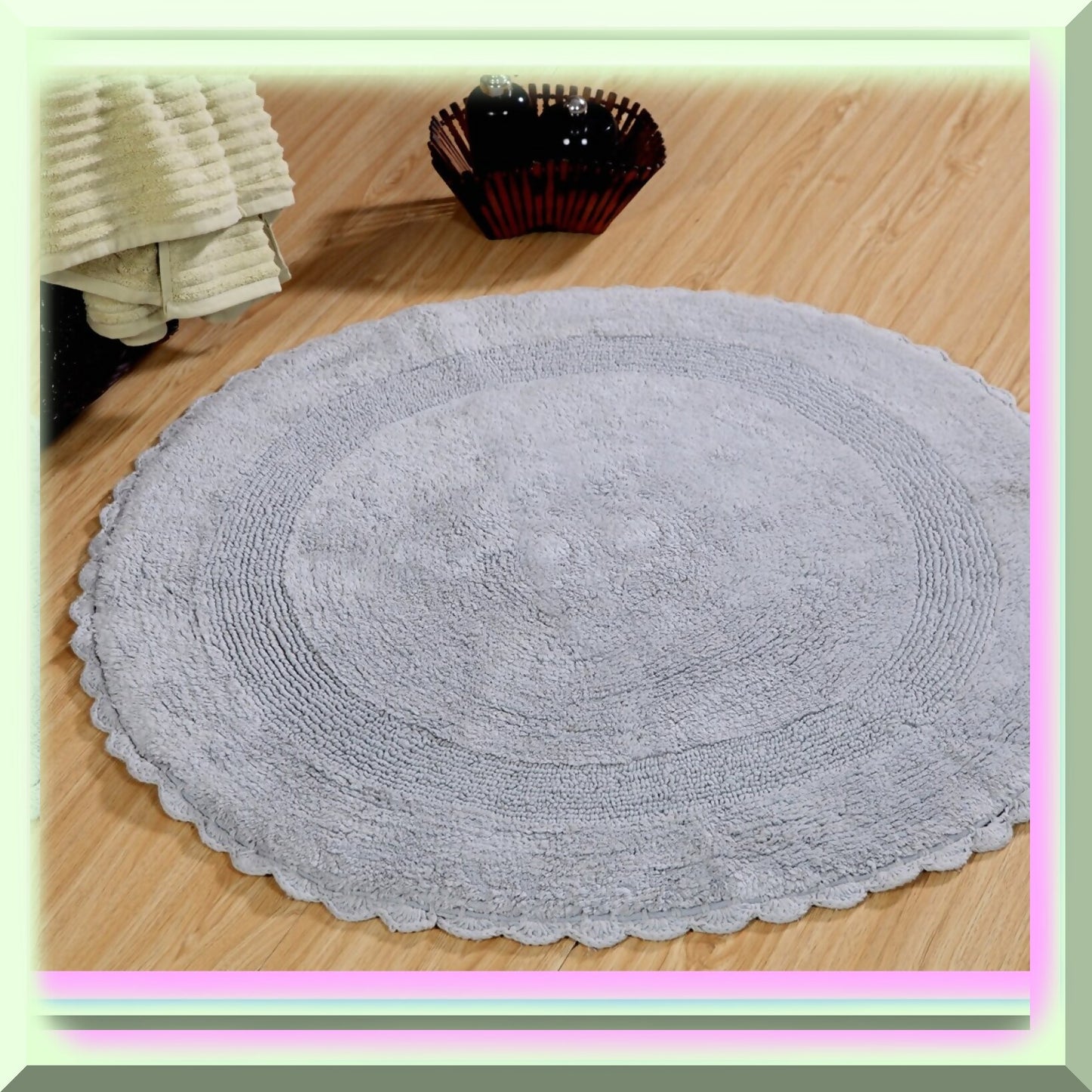 36 Inch Round Cotton Bath Rug with Crochet Lace Border