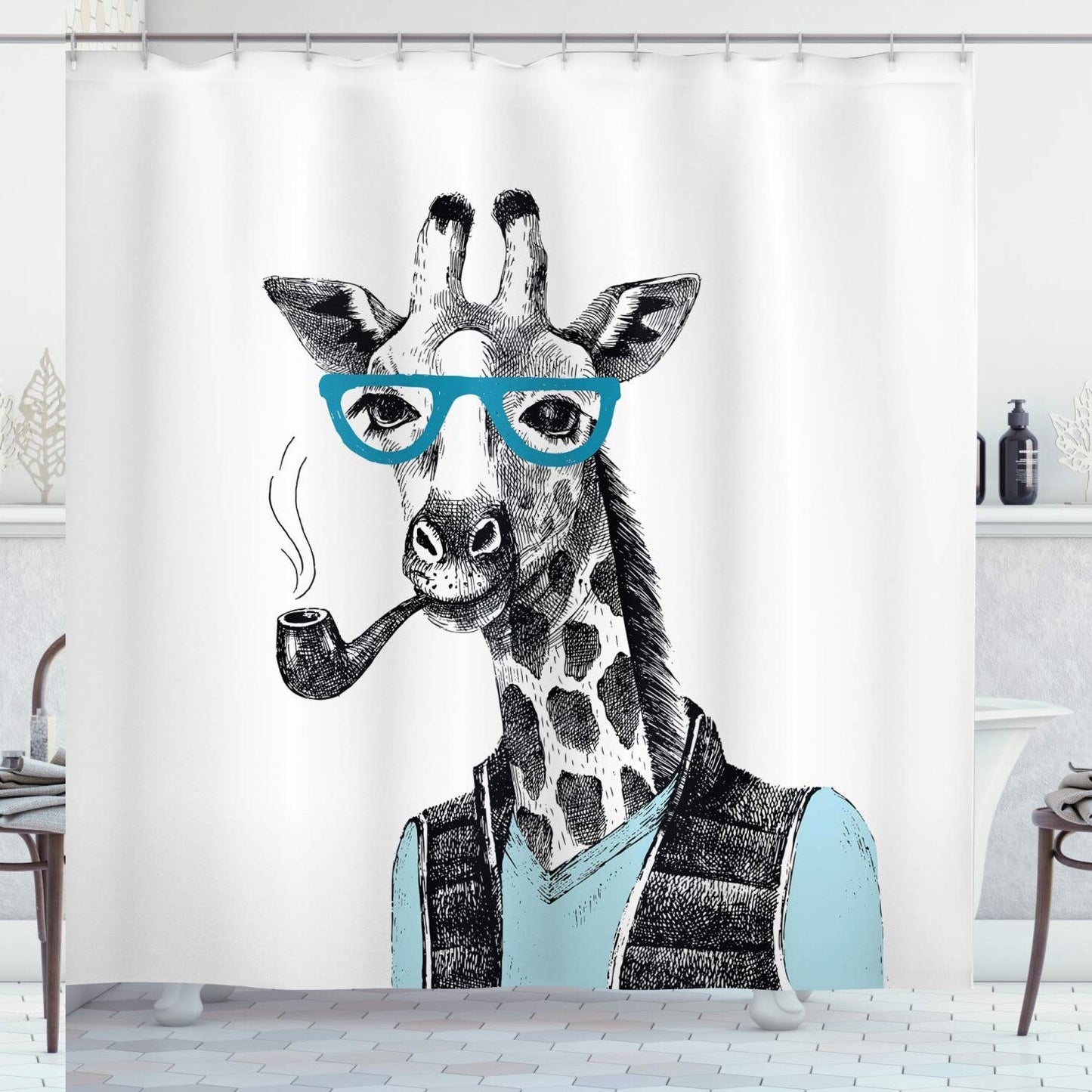 Giraffe Shower Curtain 69x75 Inches Black White Blue