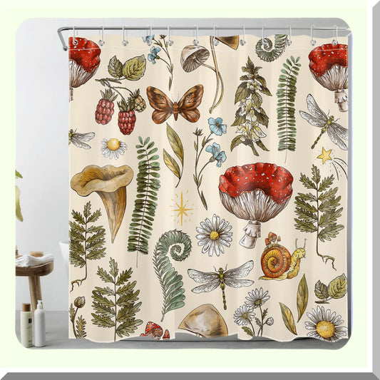 Vintage Red Mushroom Green Plant Beige Shower Curtain 72x72 inch