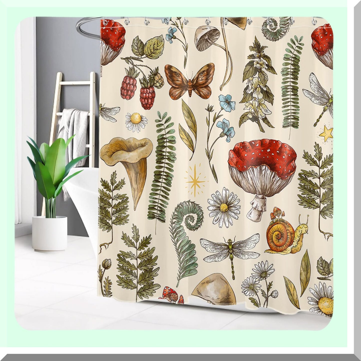Vintage Red Mushroom Green Plant Beige Shower Curtain 72x72 inch