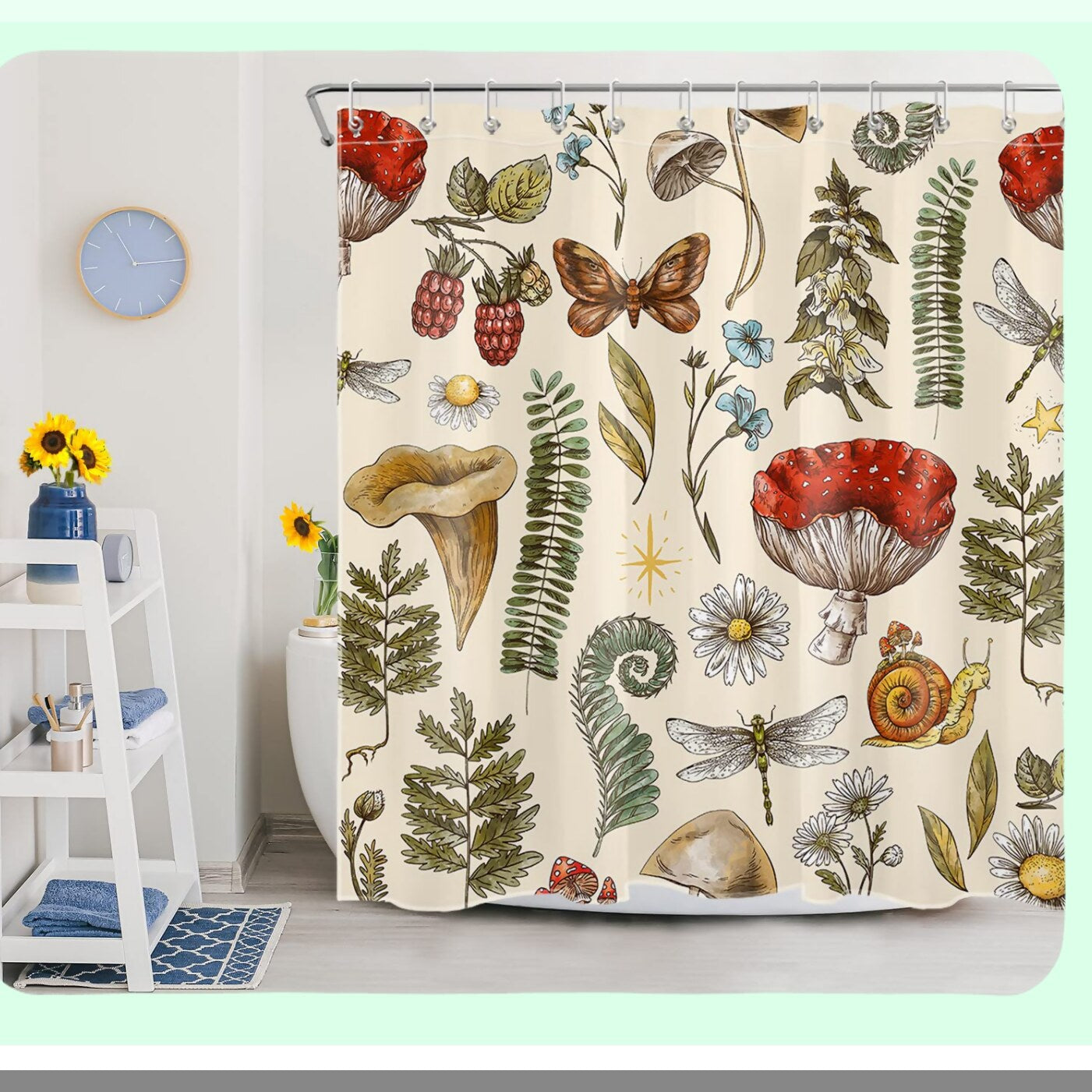 Vintage Red Mushroom Green Plant Beige Shower Curtain 72x72 inch