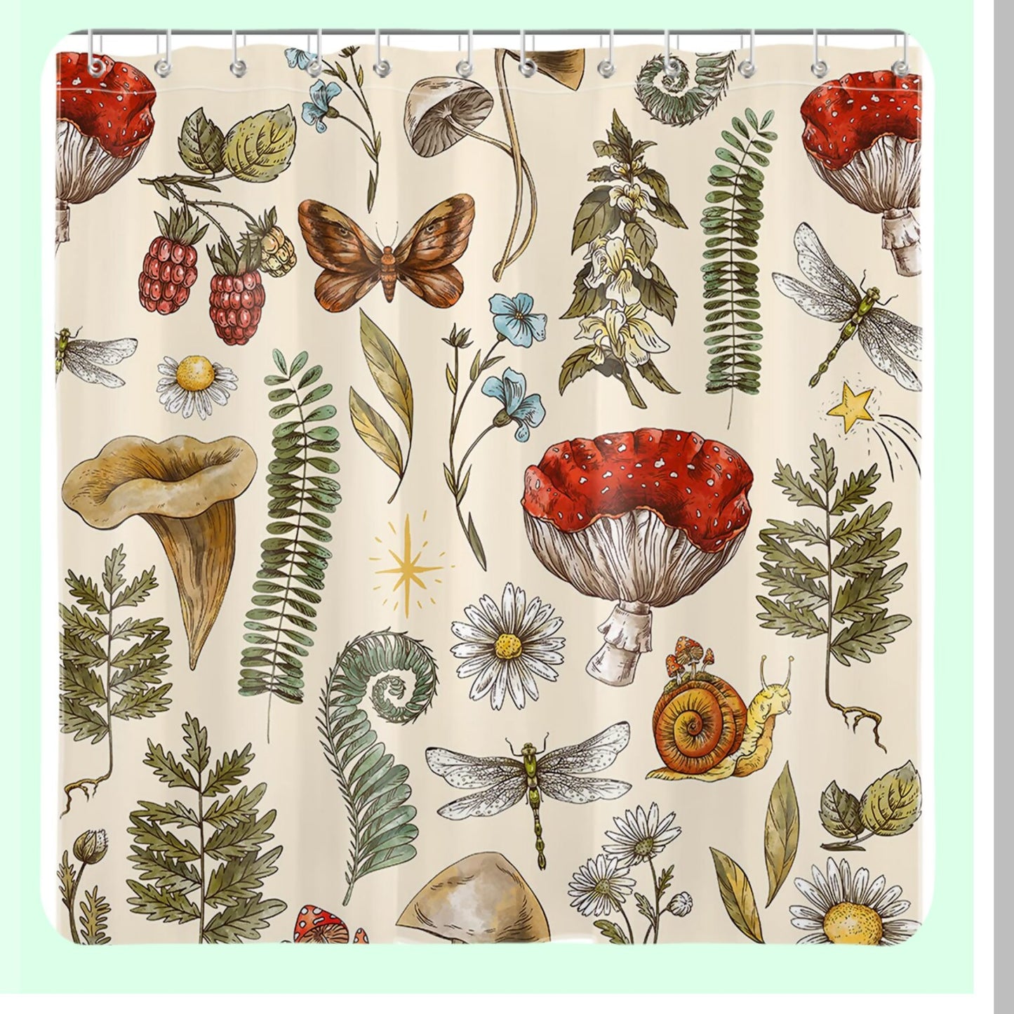 Vintage Red Mushroom Green Plant Beige Shower Curtain 72x72 inch