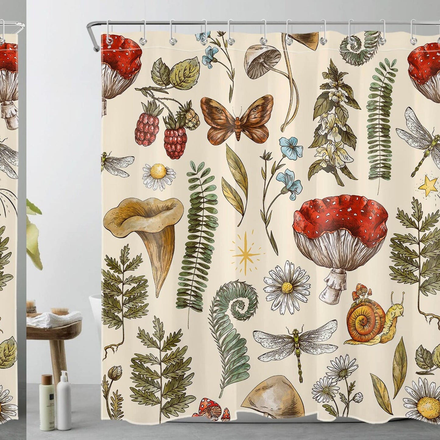 Vintage Red Mushroom Green Plant Beige Shower Curtain 72x72 inch