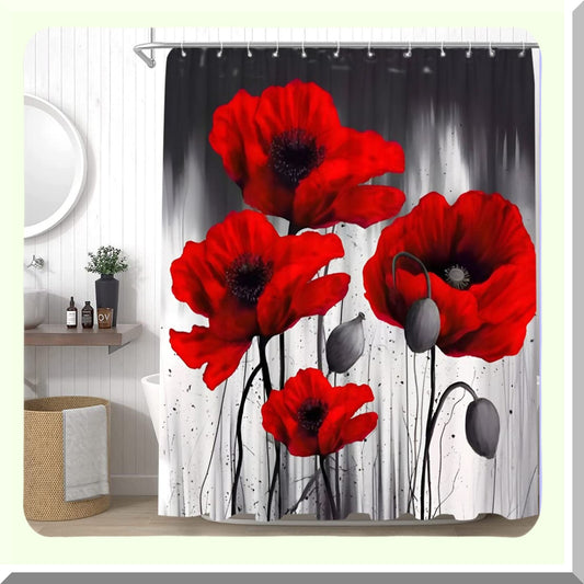 Black Grey Red Flower Shower Curtain Set