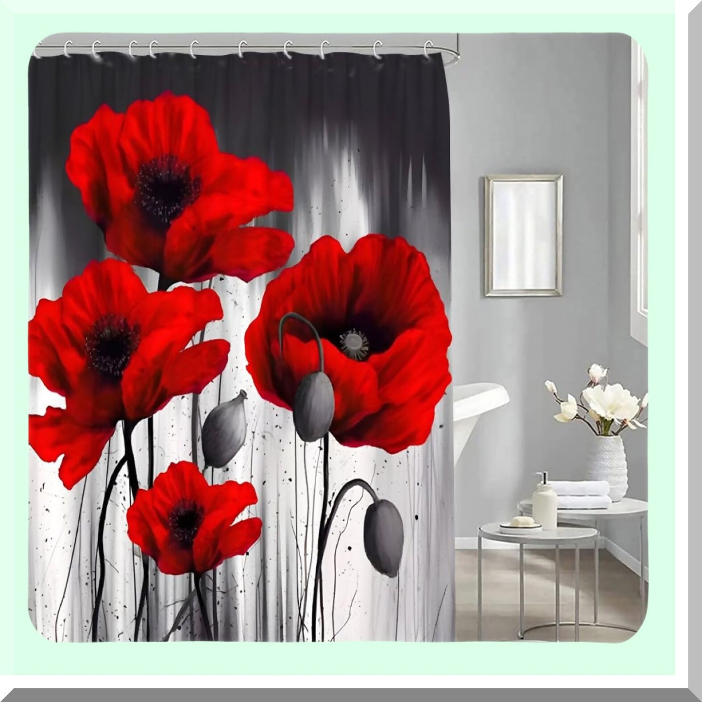 Black Grey Red Flower Shower Curtain Set
