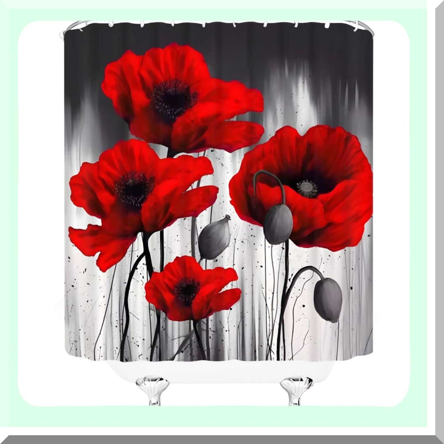 Black Grey Red Flower Shower Curtain Set