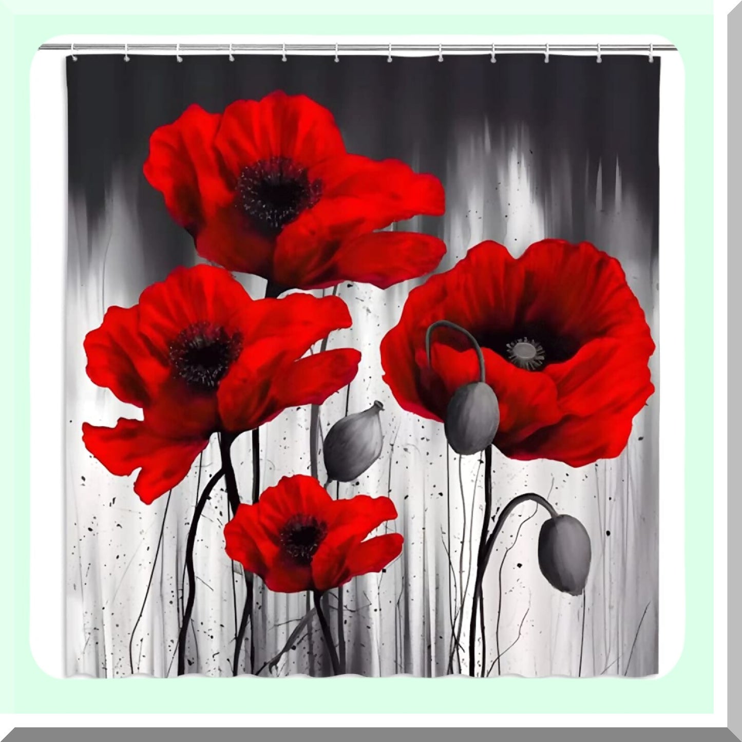 Black Grey Red Flower Shower Curtain Set