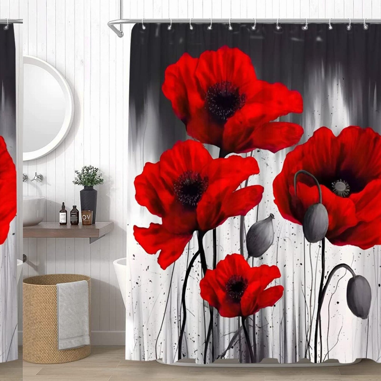 Black Grey Red Flower Shower Curtain Set