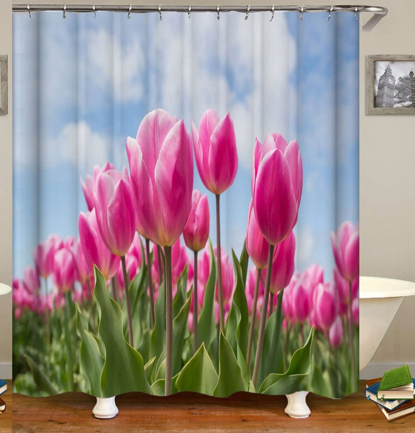 Pink Romantic Tulip Shower Curtain Set 72x72 Inches