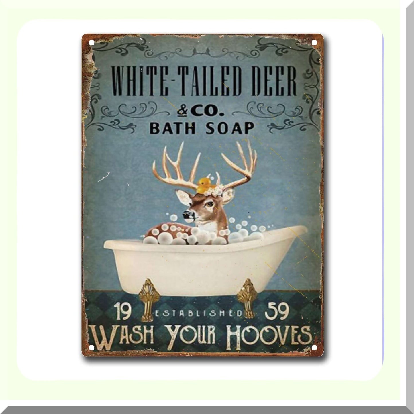 Vintage Metal Tin Sign White Tailed Deer Bathroom Decor 8x12 in