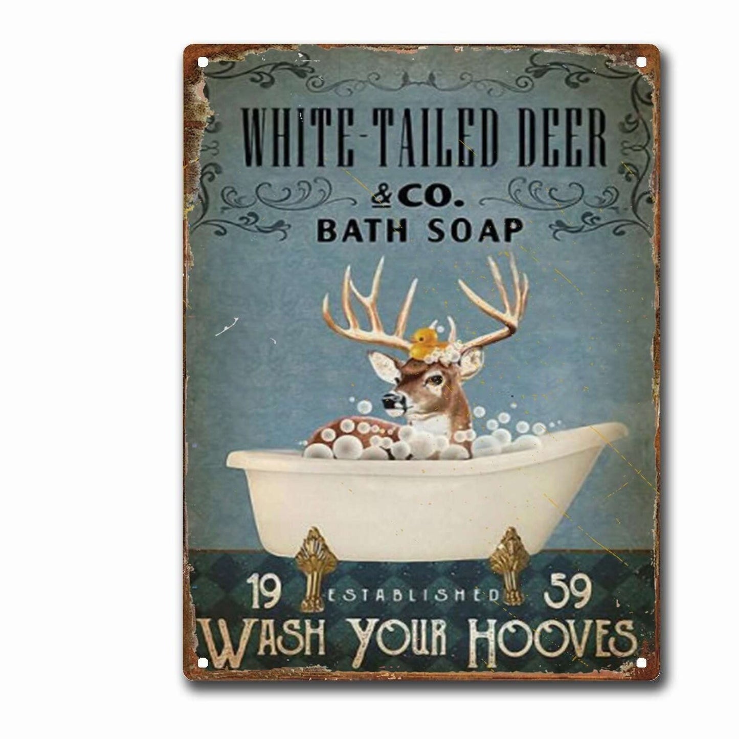 Vintage Metal Tin Sign White Tailed Deer Bathroom Decor 8x12 in