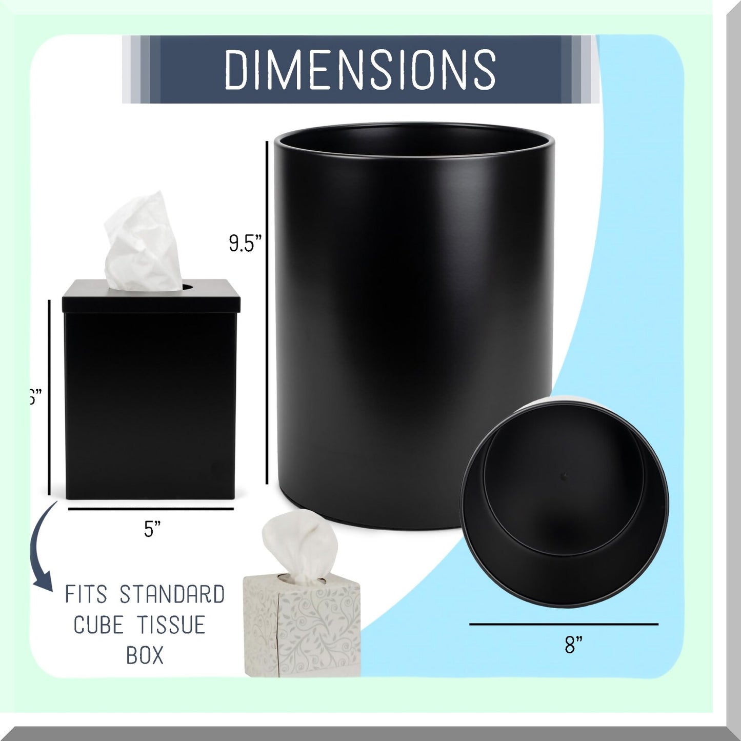 Round Black Bathroom Trash Can and Tissue Box Set of 2