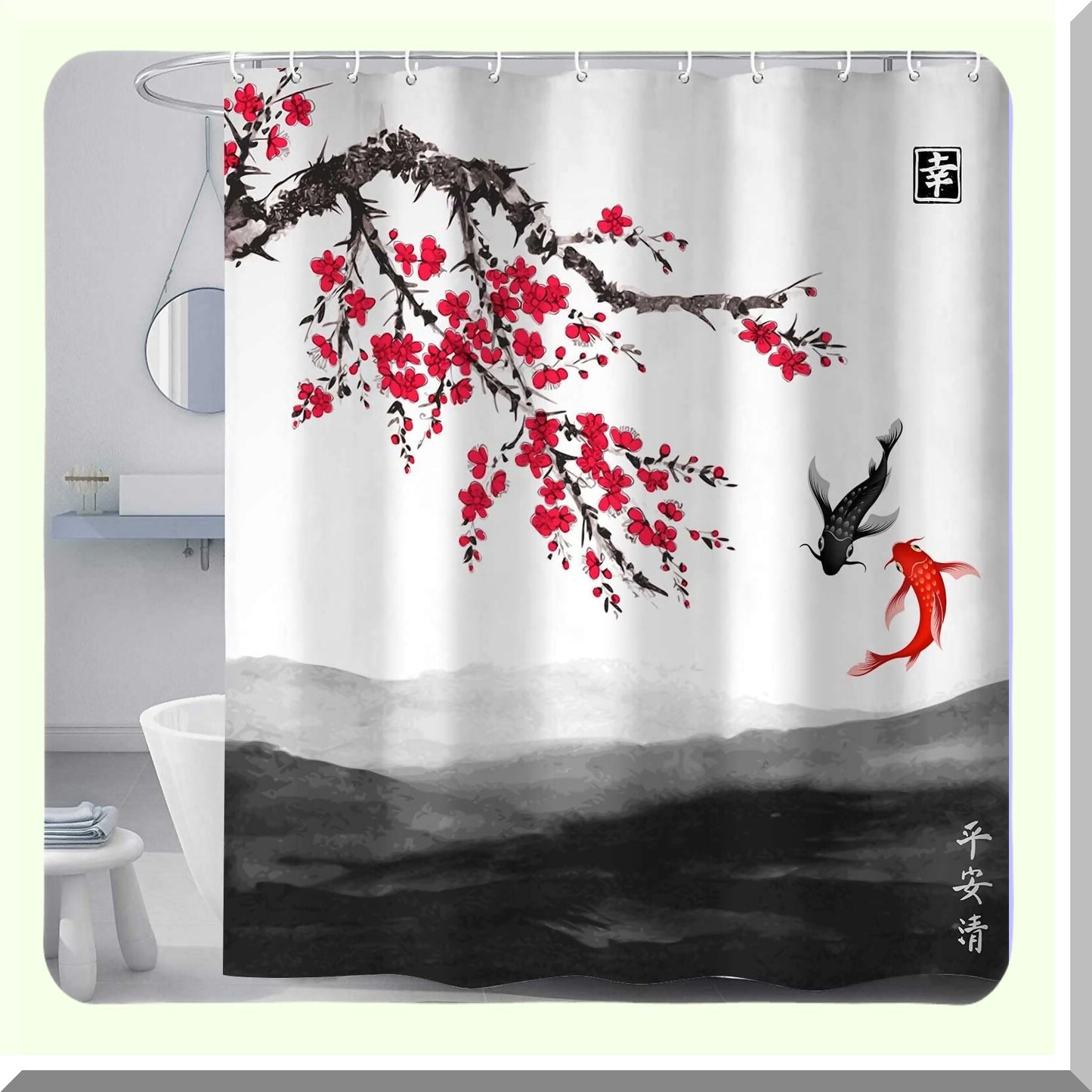 Cherry Blossom Red Shower Curtain with Hooks
