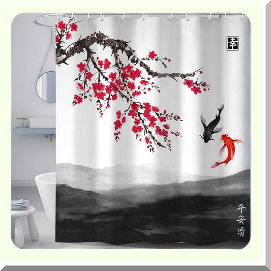 Cherry Blossom Red Shower Curtain with Hooks
