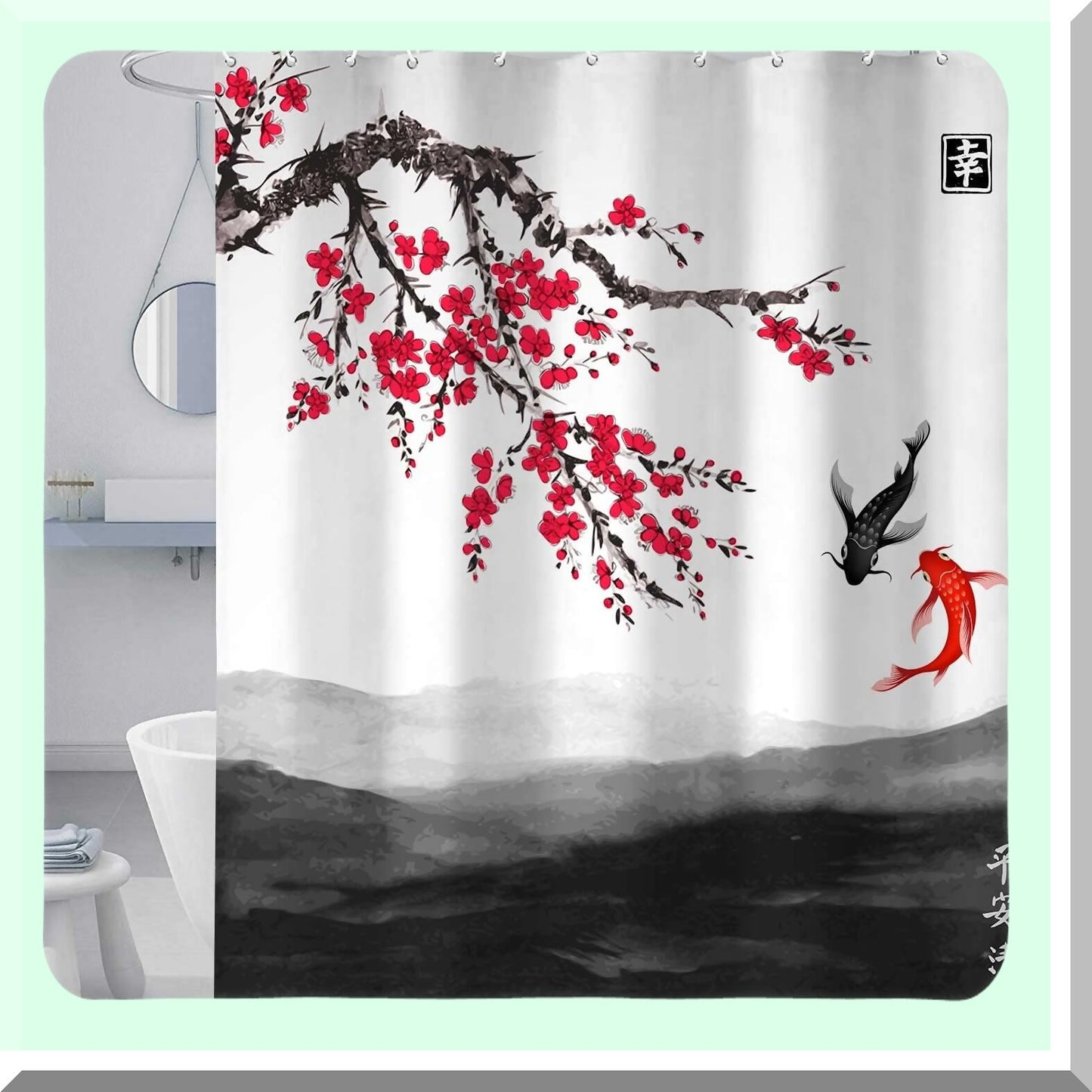 Cherry Blossom Red Shower Curtain with Hooks