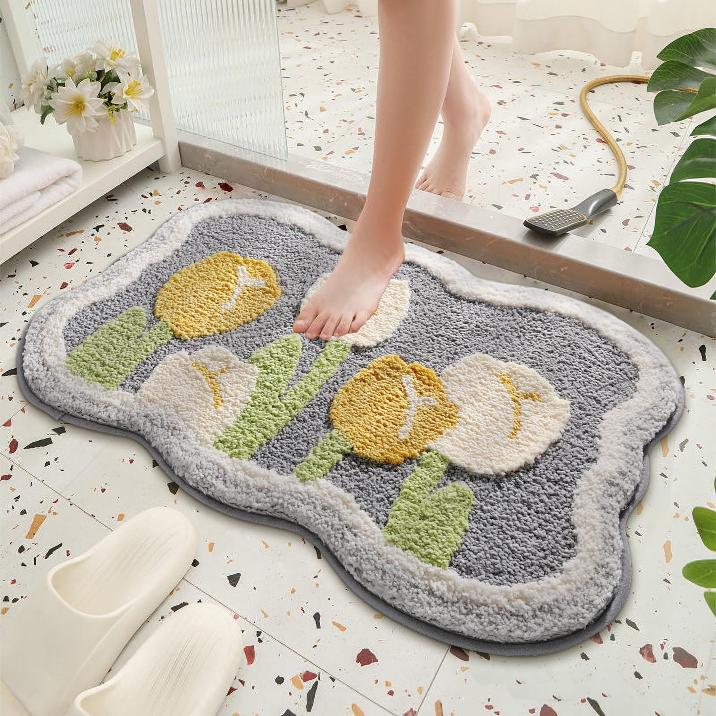 Yellow Flower Bathroom Mat 24"x16" Non Slip
