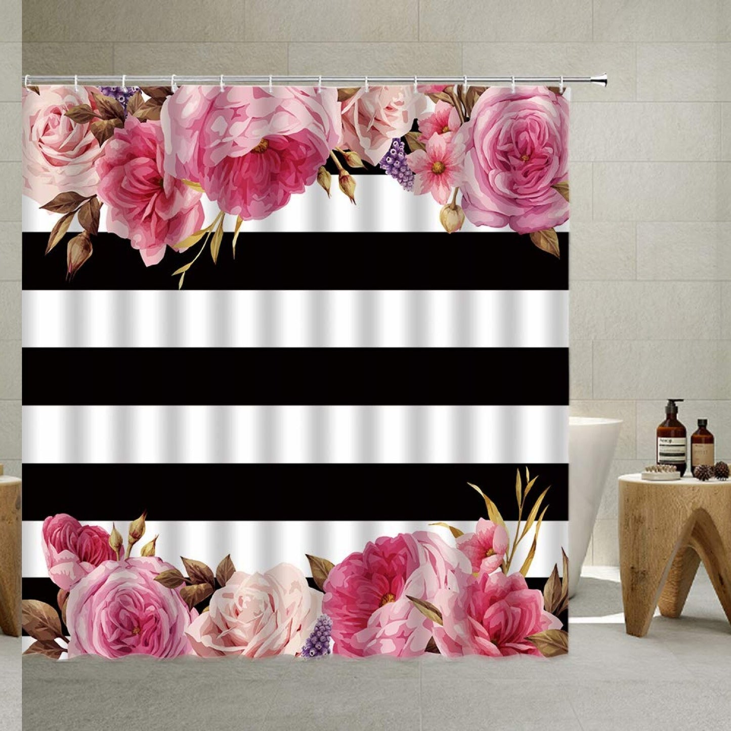 Striped Pink Floral Shower Curtain 70x70 Inches