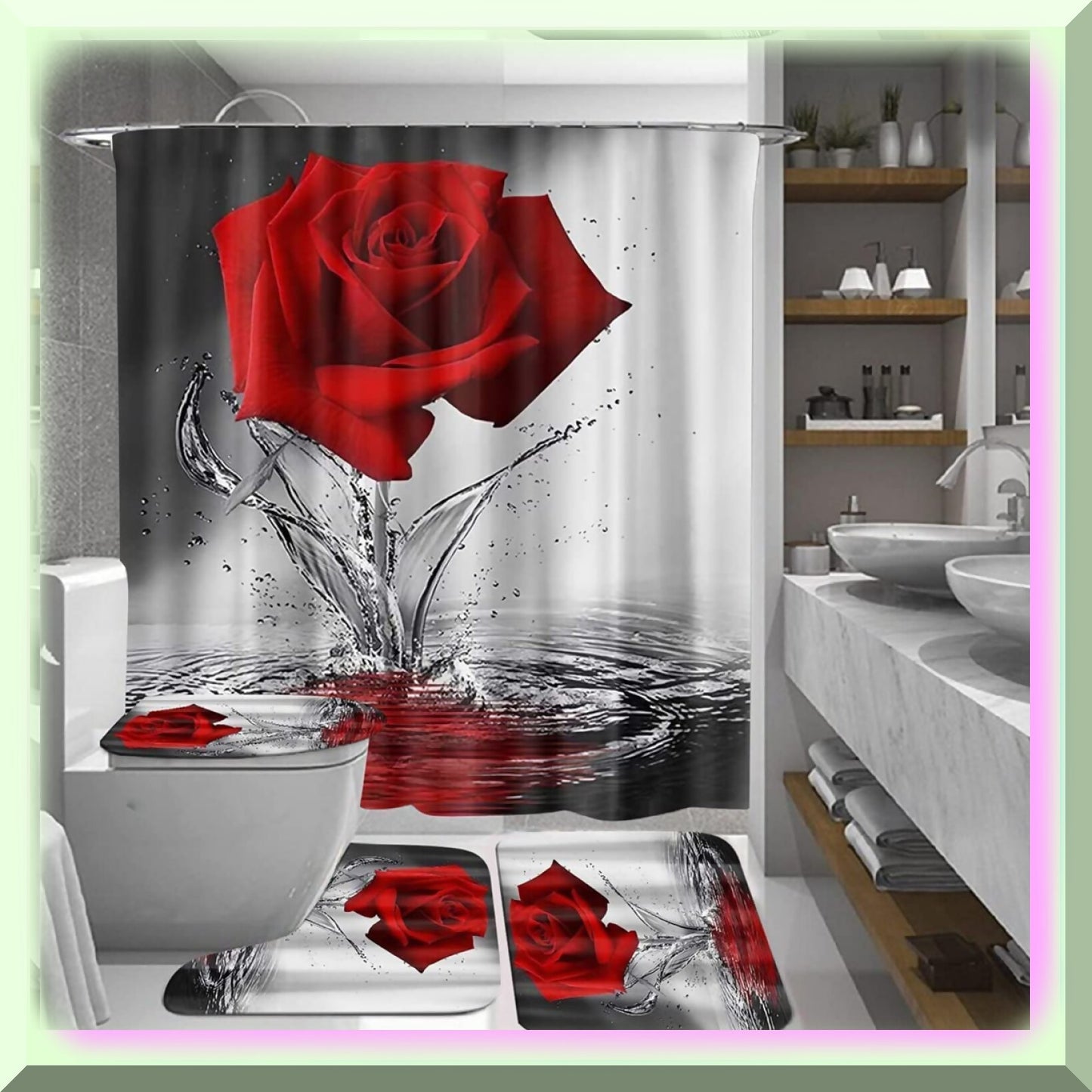 Red Rose Bathroom Set with Shower Curtain and Rugs