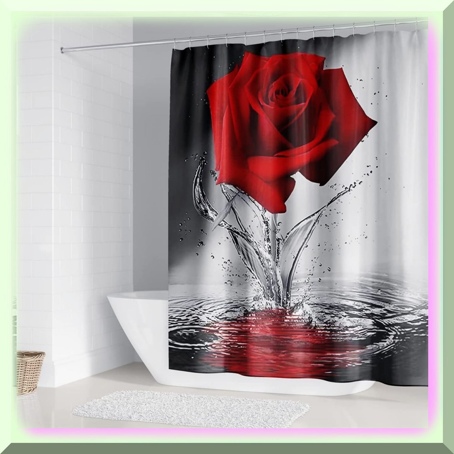 Red Rose Bathroom Set with Shower Curtain and Rugs