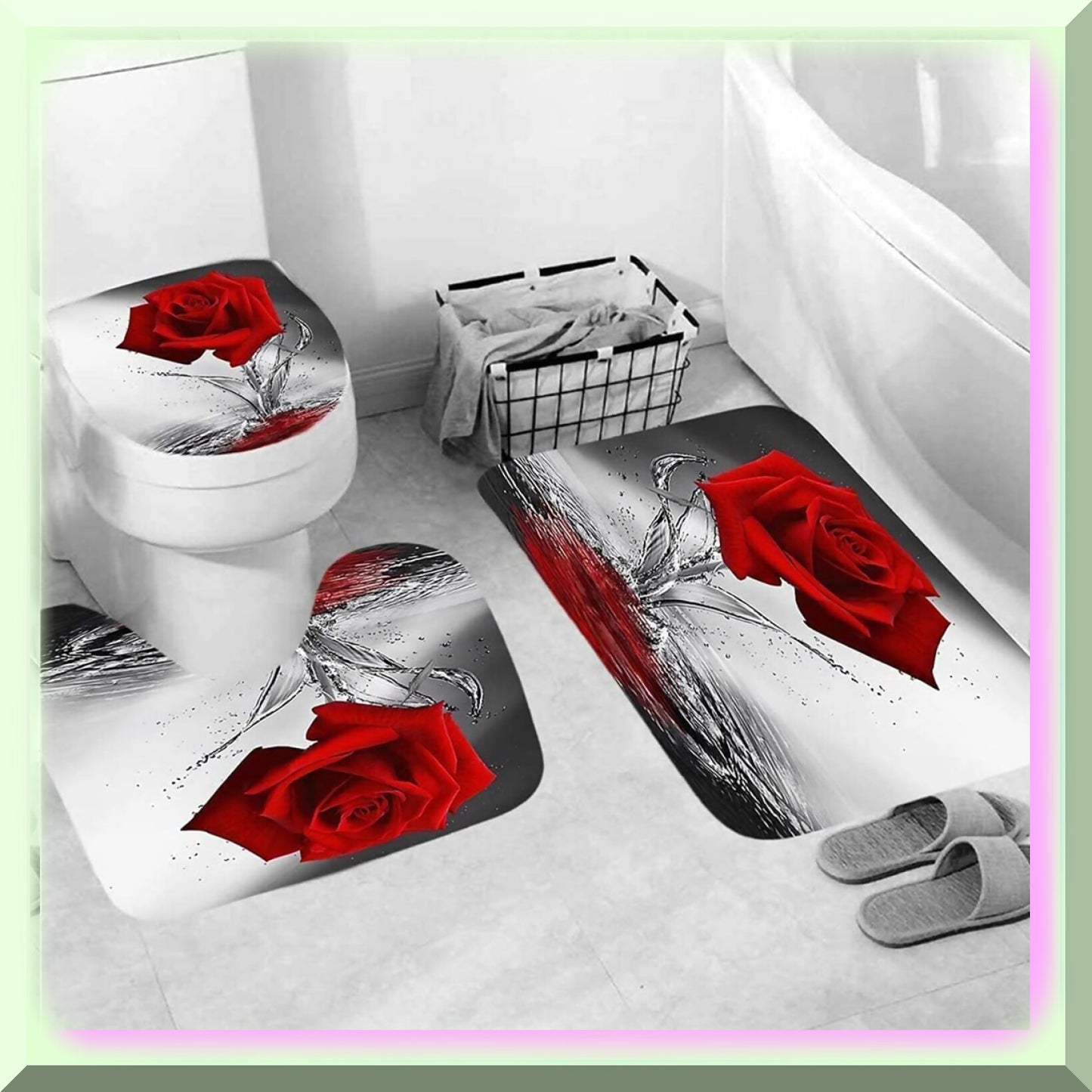 Red Rose Bathroom Set with Shower Curtain and Rugs