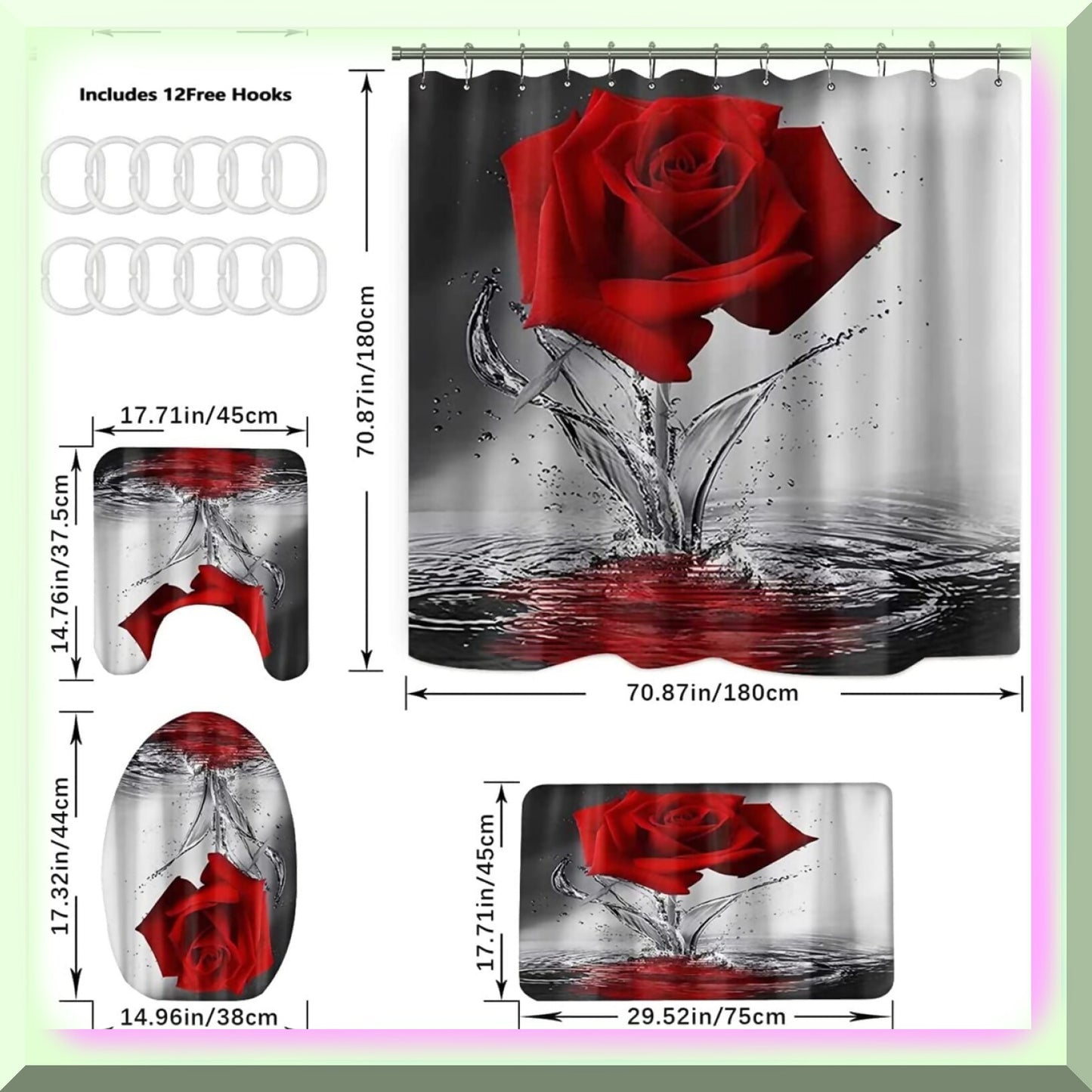 Red Rose Bathroom Set with Shower Curtain and Rugs