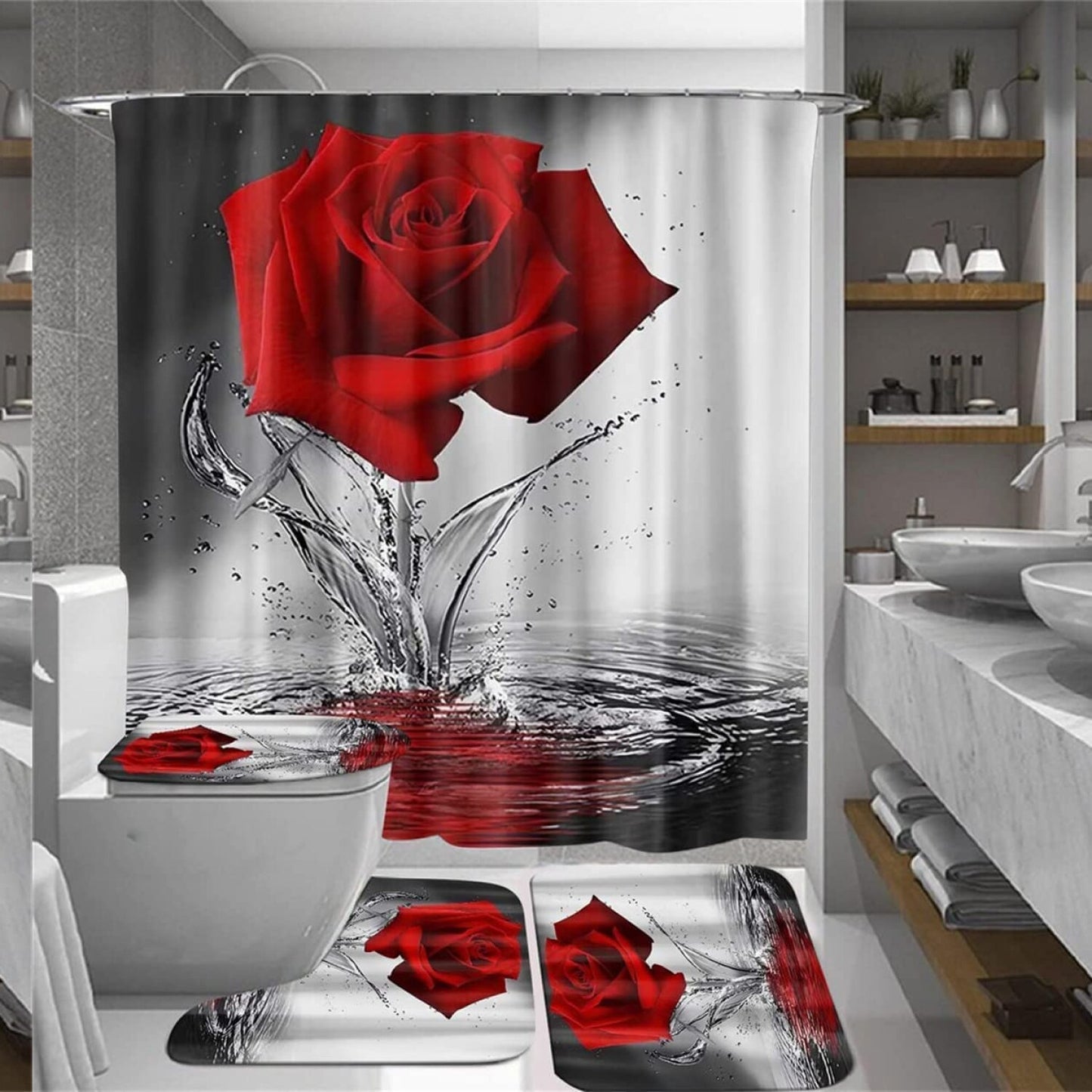 Red Rose Bathroom Set with Shower Curtain and Rugs