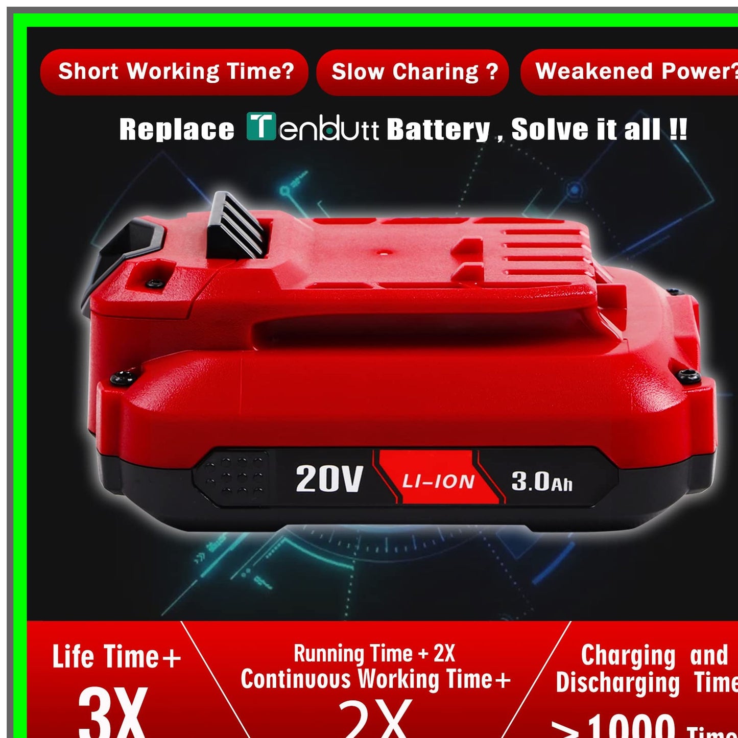 20V 3.0Ah Lithium Ion Replacement Battery for Cordless Power Tools 2 Pack