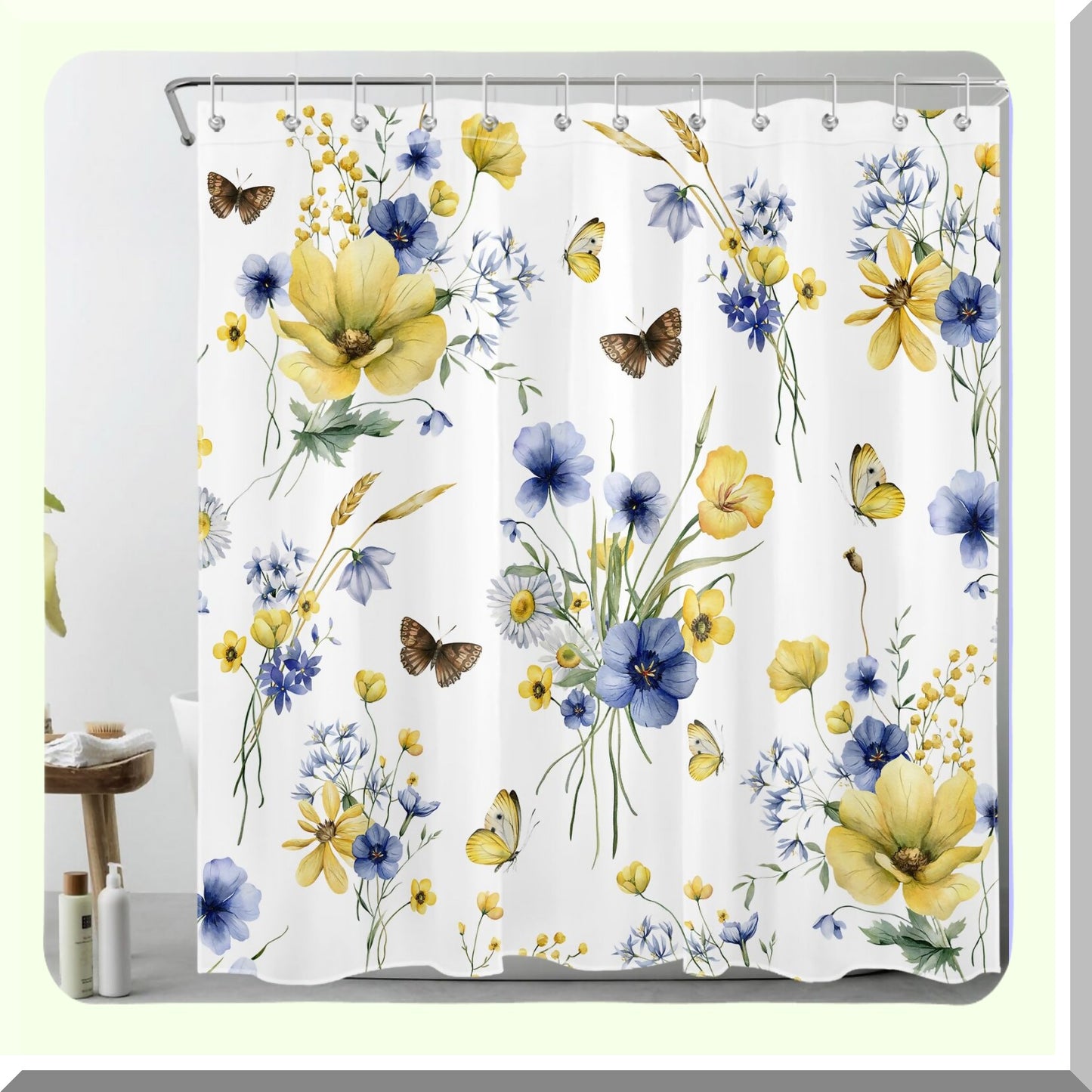 Spring Blue and Yellow Floral Shower Curtain 72x72 inches