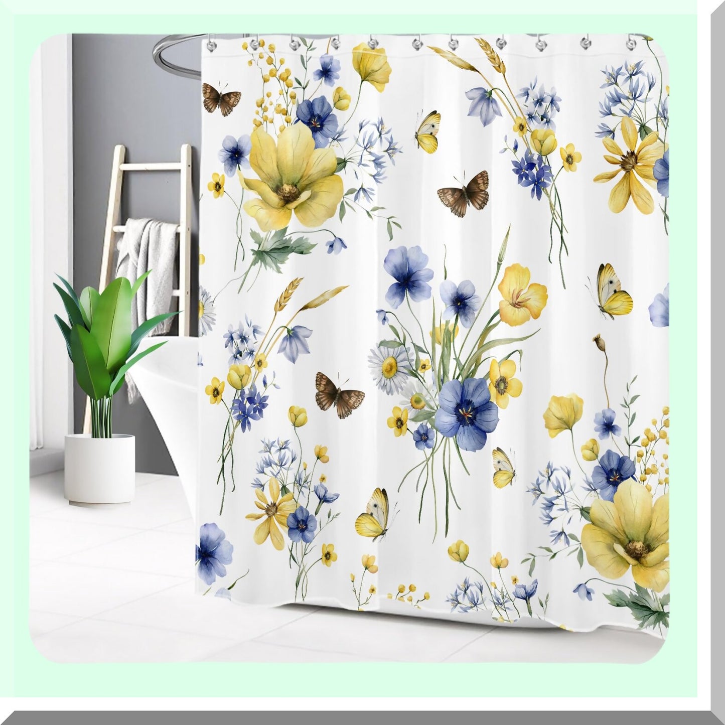 Spring Blue and Yellow Floral Shower Curtain 72x72 inches