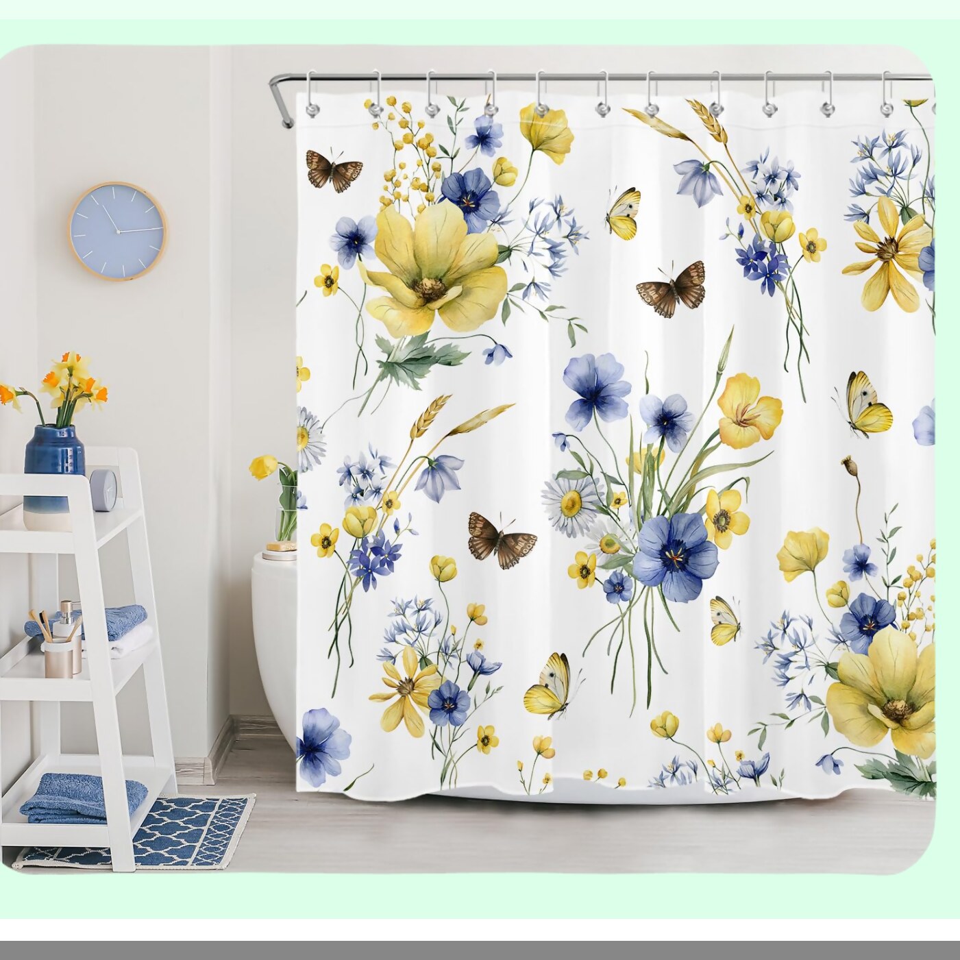 Spring Blue and Yellow Floral Shower Curtain 72x72 inches