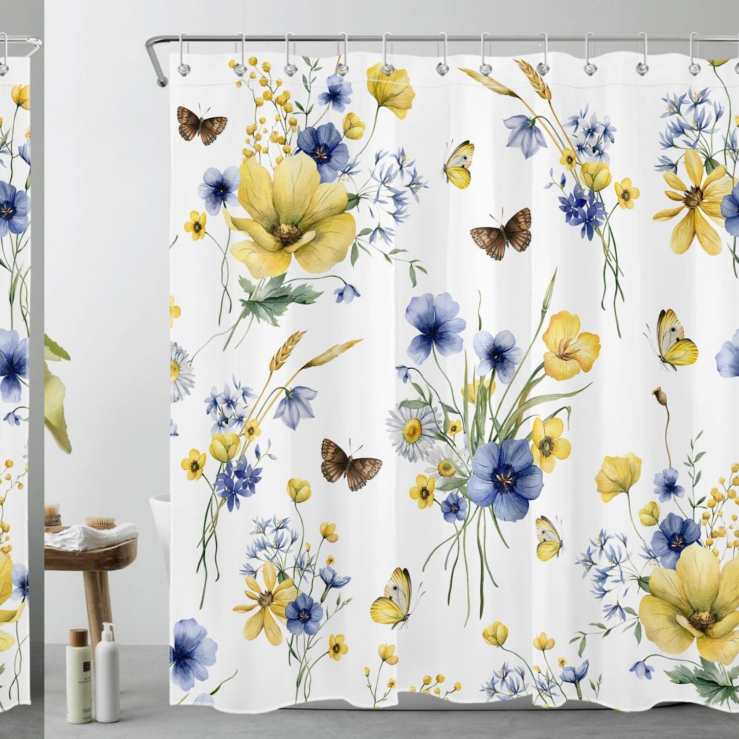 Spring Blue and Yellow Floral Shower Curtain 72x72 inches