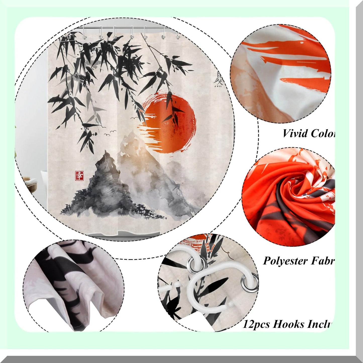 Black Bamboo Shower Curtain 72x72 Inch Waterproof Fabric