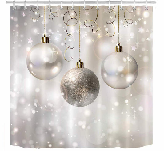 Silver Xmas Balls Waterproof Shower Curtain 72x72 inch