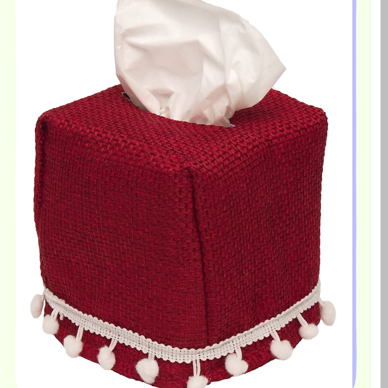Red Burlap Tissue Box Cover with White Pom Poms