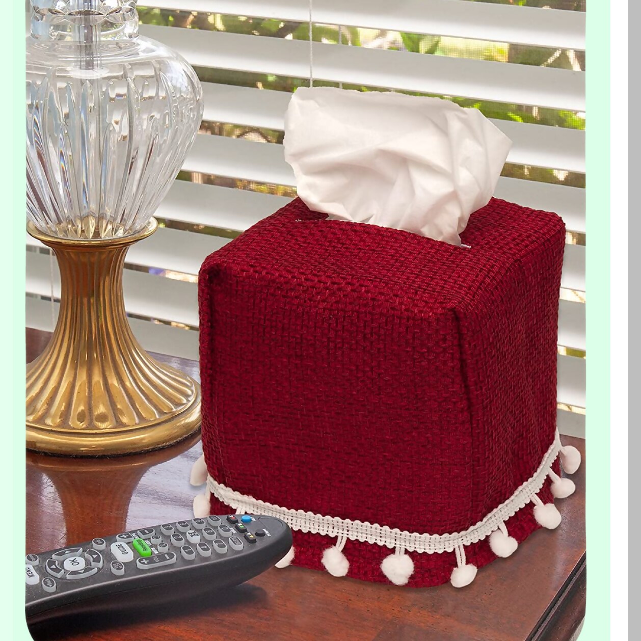 Red Burlap Tissue Box Cover with White Pom Poms