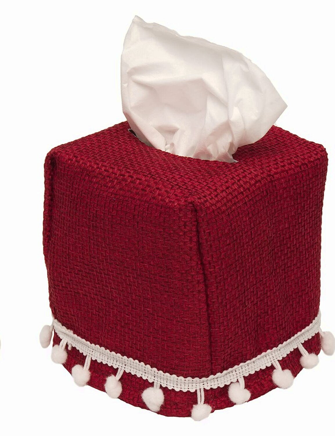Red Burlap Tissue Box Cover with White Pom Poms