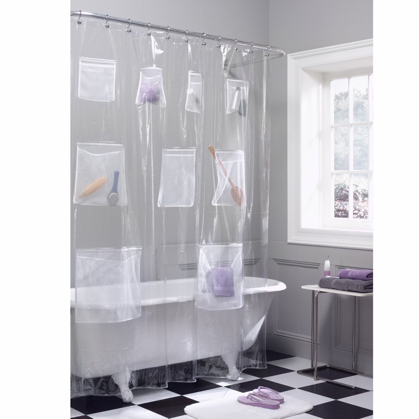 Waterproof PEVA Shower Curtain with 9 Mesh Pockets 70" x 72"