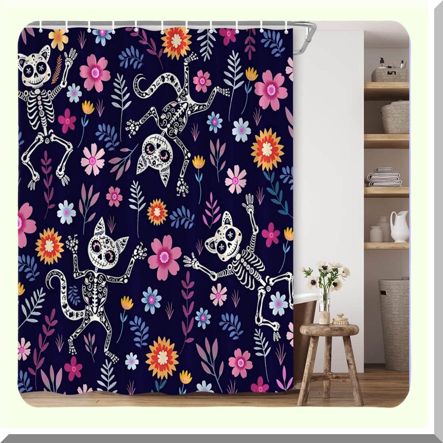 Sugar Skull Cats Shower Curtain 70x70 Inches Polyester