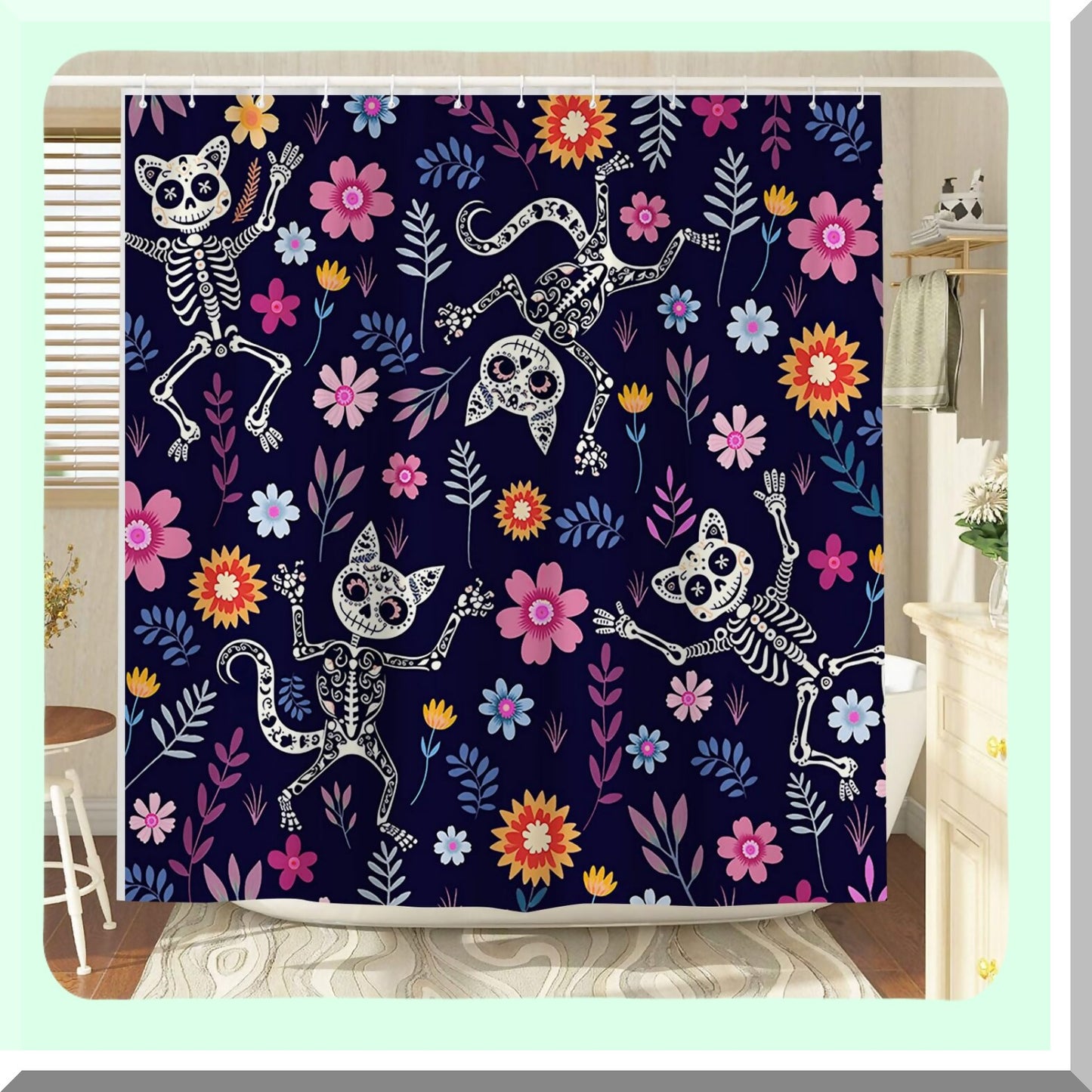 Sugar Skull Cats Shower Curtain 70x70 Inches Polyester