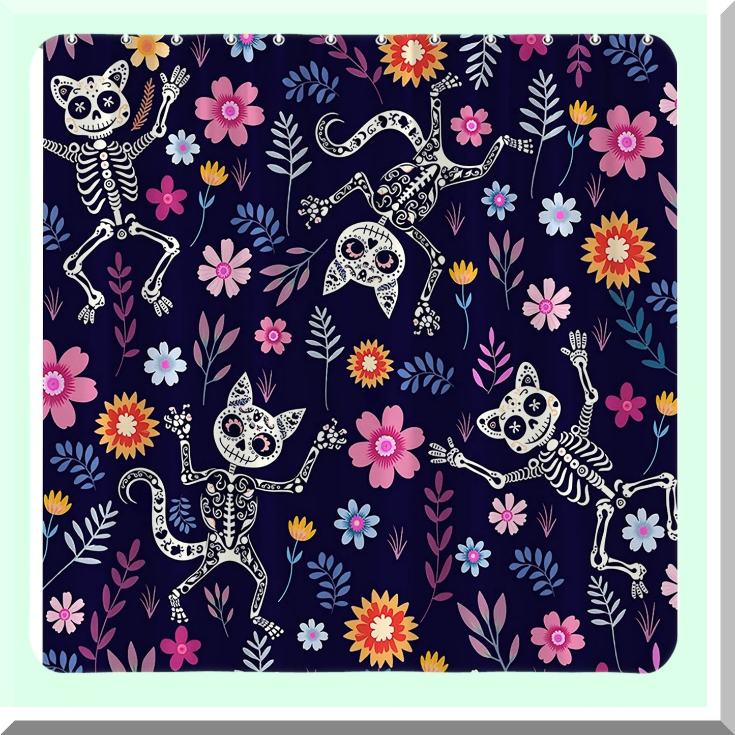 Sugar Skull Cats Shower Curtain 70x70 Inches Polyester