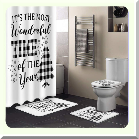 4 Pcs Shower Curtain Set with Rugs and Hooks