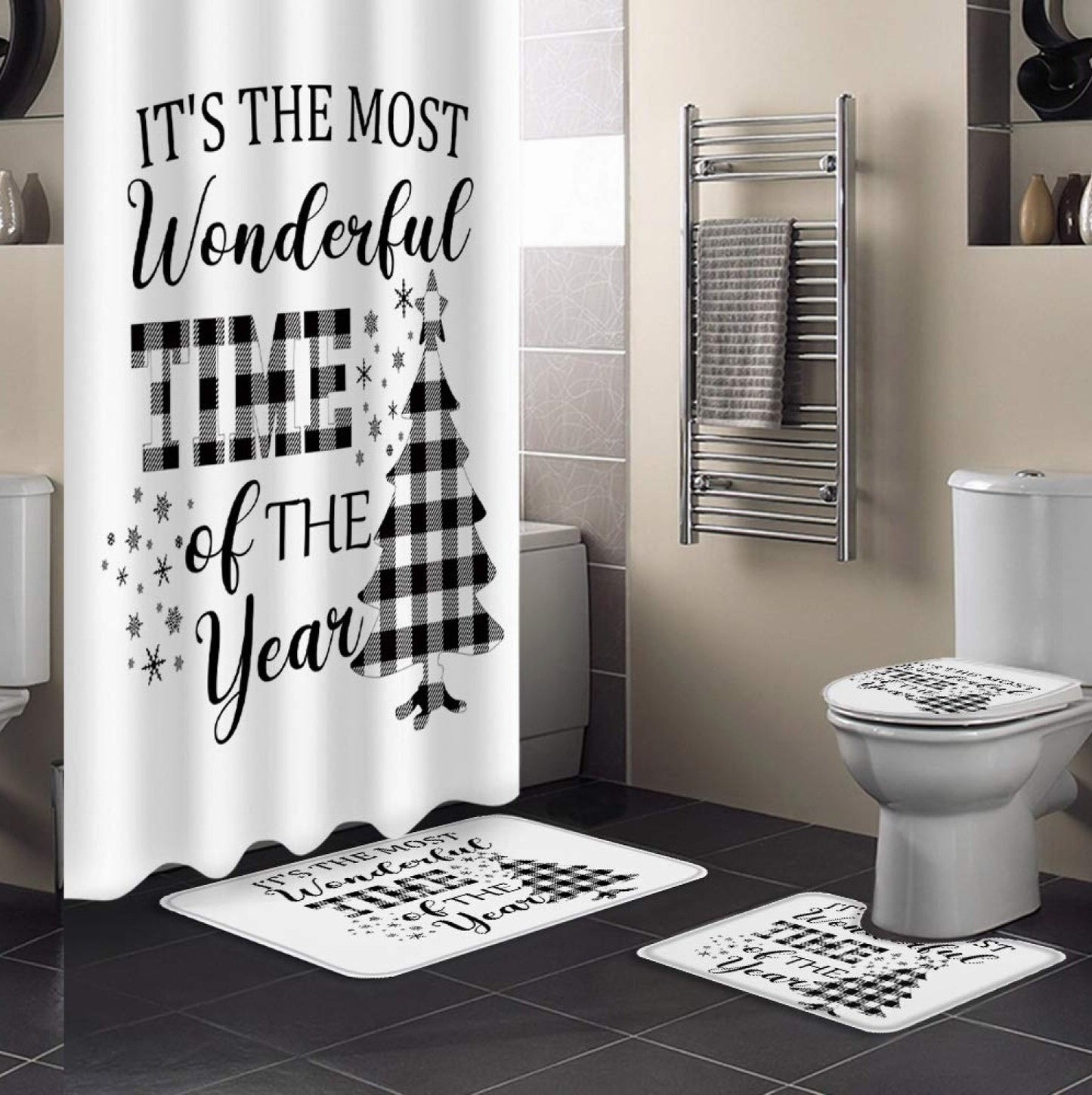 4 Pcs Shower Curtain Set with Rugs and Hooks